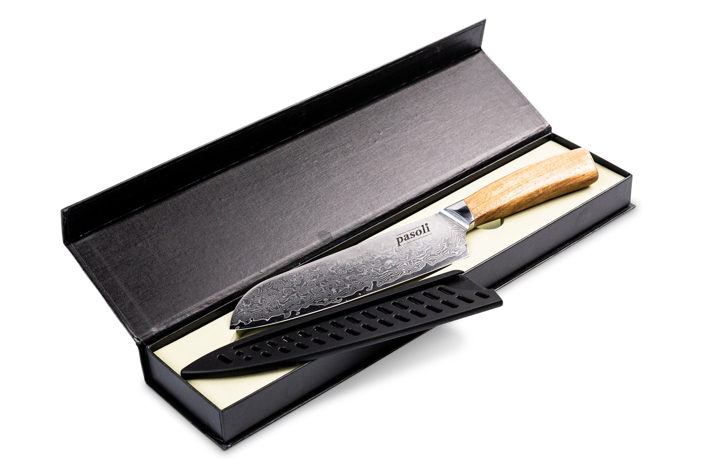 pasoli Damast Santoku-messer in edler Geschenkverpackung inkl. Klingenschutz.