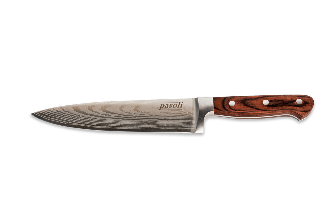 pasoli Chefmesser mit schöner Maserung der Klinge und edlem Holzgriff