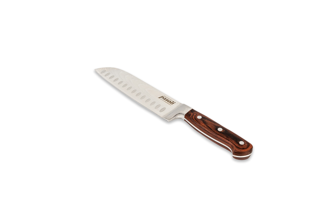 pasoli Santoku-Messer mit schöner Maserung der Klinge und edlem Holzgriff