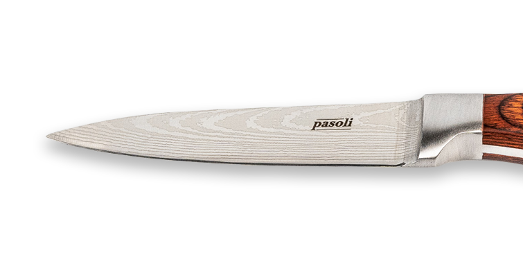 Schöne Maserung der Klinge unseres pasoli Gemüsemessers inkl. pasoli Logo.