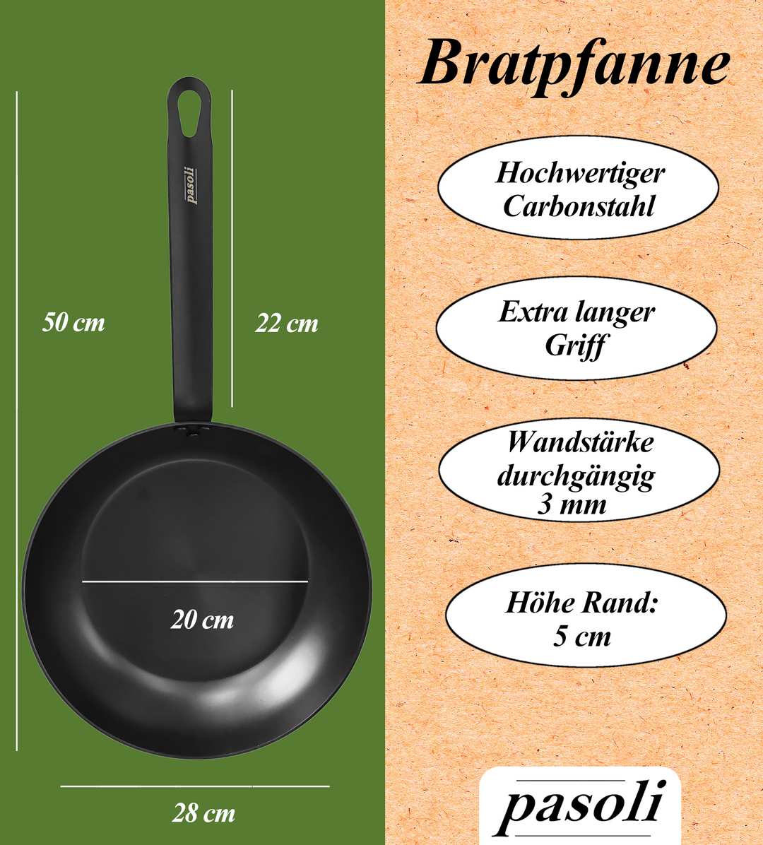 pasoli Bratpfanne 28cm - Carbonstahl Bratpfanne für alle Herdarten