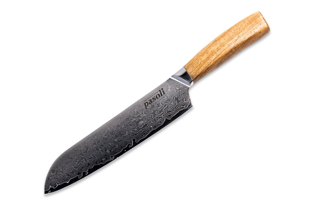 pasoli Damascus Santoku knife with a beautiful grain on the blade and a fine wooden handle