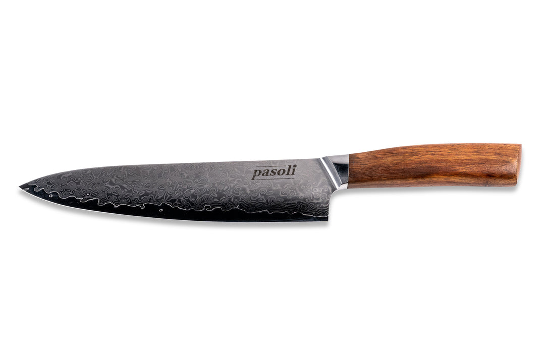 cuchillo de chef pasoli damasco con una hermosa veta en la hoja y un fino mango de madera