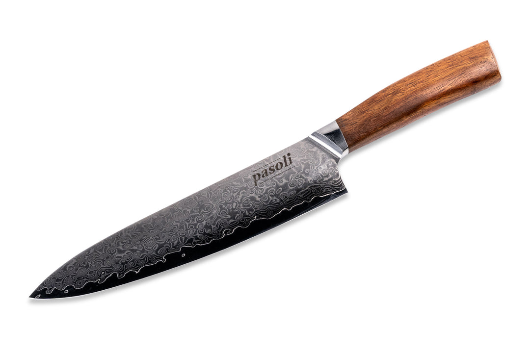 cuchillo de chef pasoli damasco con una hermosa veta en la hoja y un fino mango de madera