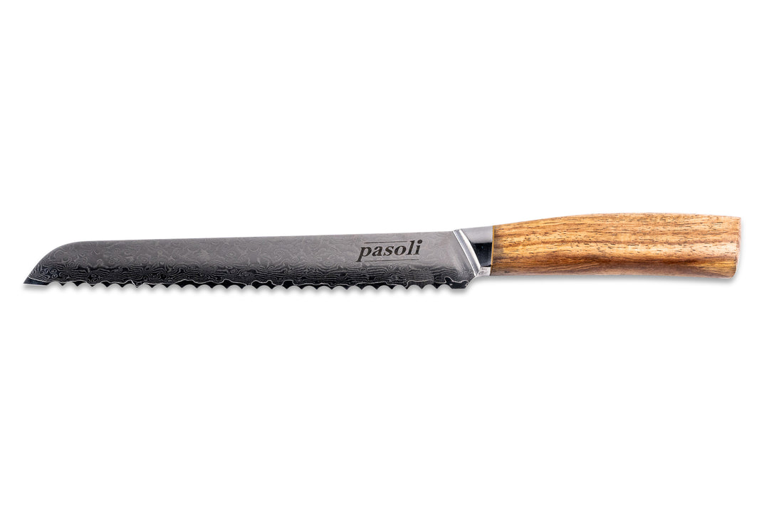 pasoli Damascus bread knife with a beautiful grain on the blade and a fine wooden handle