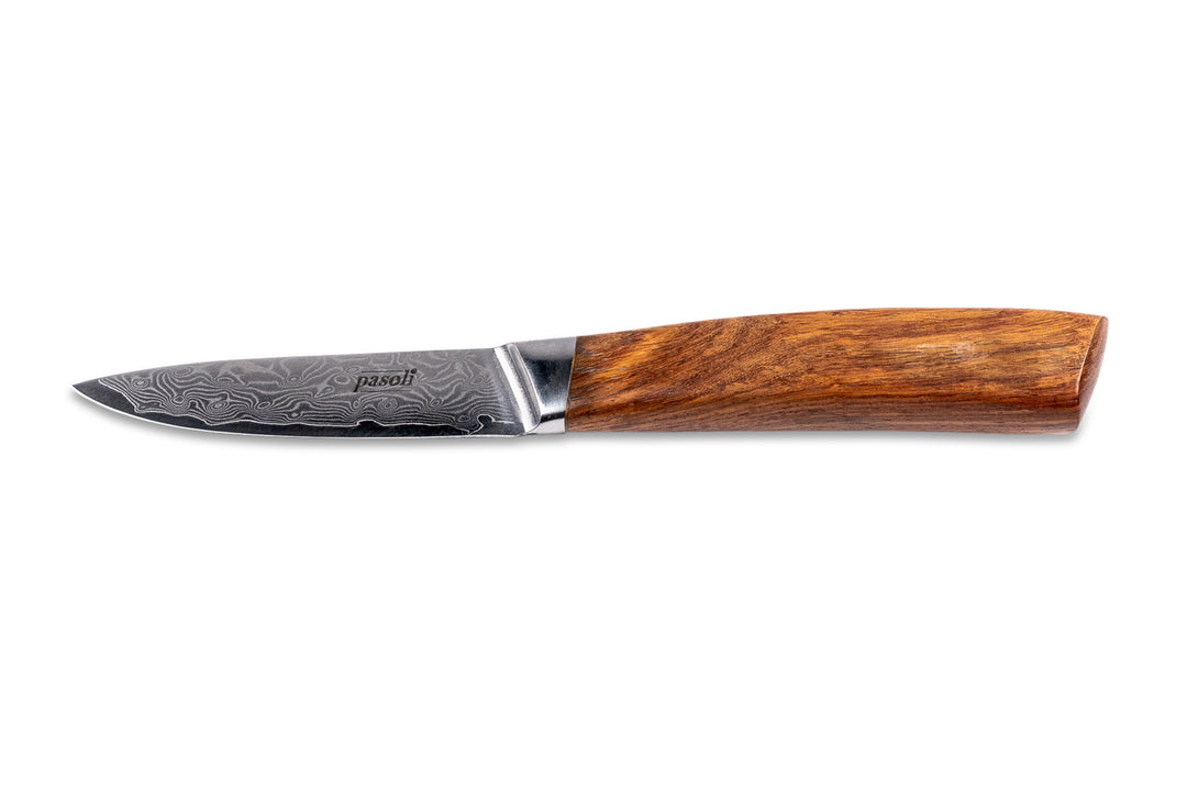 cuchillo mondador pasoli damasco con una hermosa veta en la hoja y un fino mango de madera