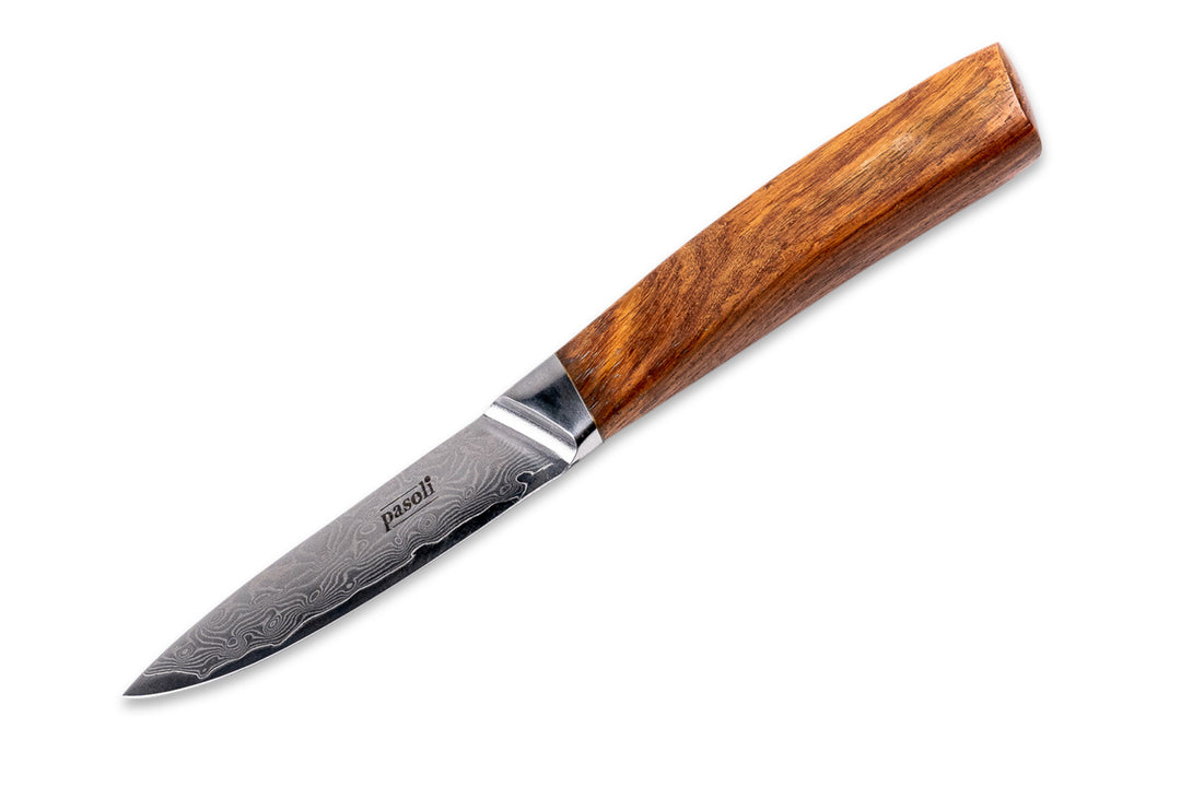 pasoli damask paring knife with a beautiful grain on the blade and a fine wooden handle