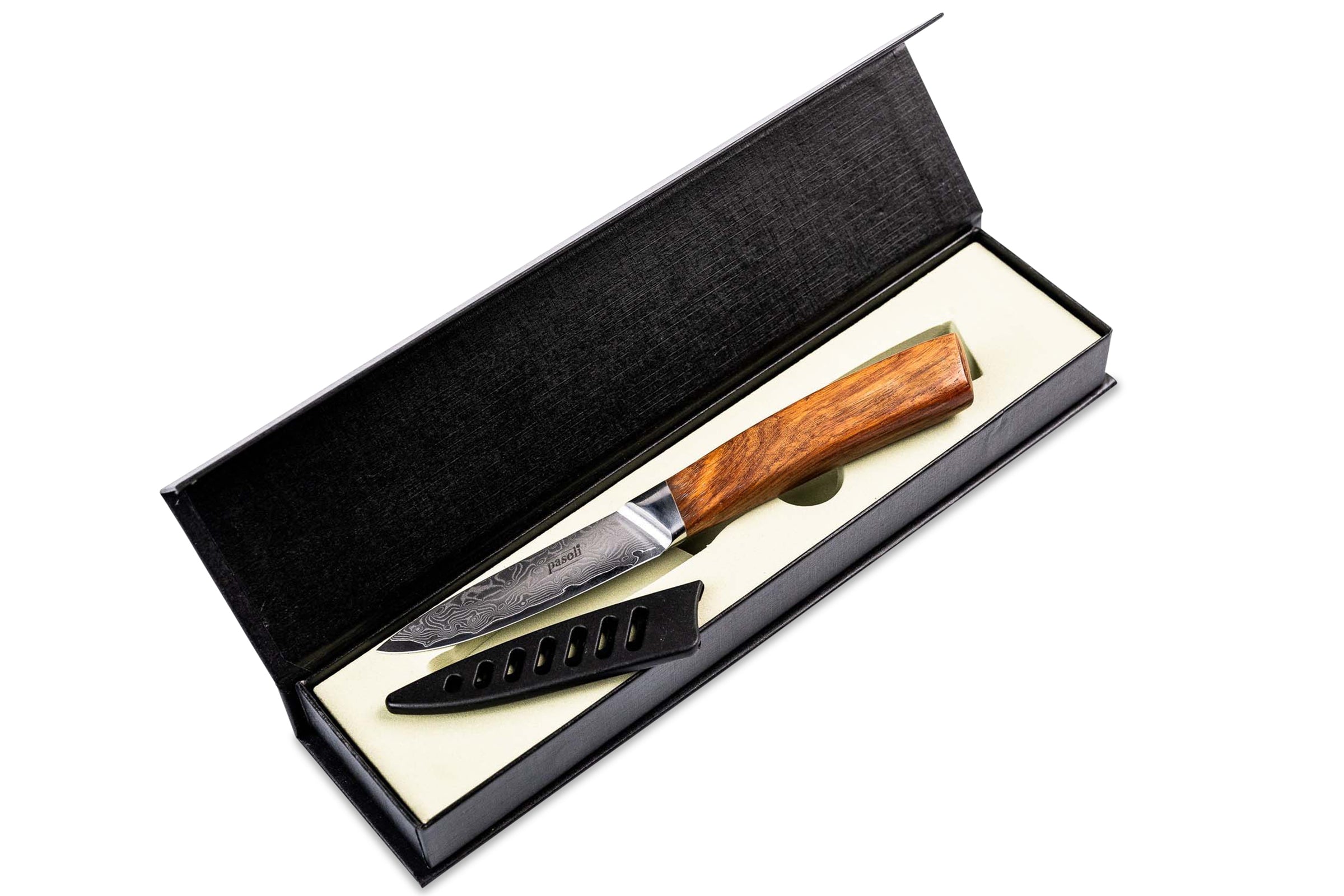 Cuchillo para verdura de damasco pasoli en un elegante embalaje de regalo que incluye protección para la hoja.