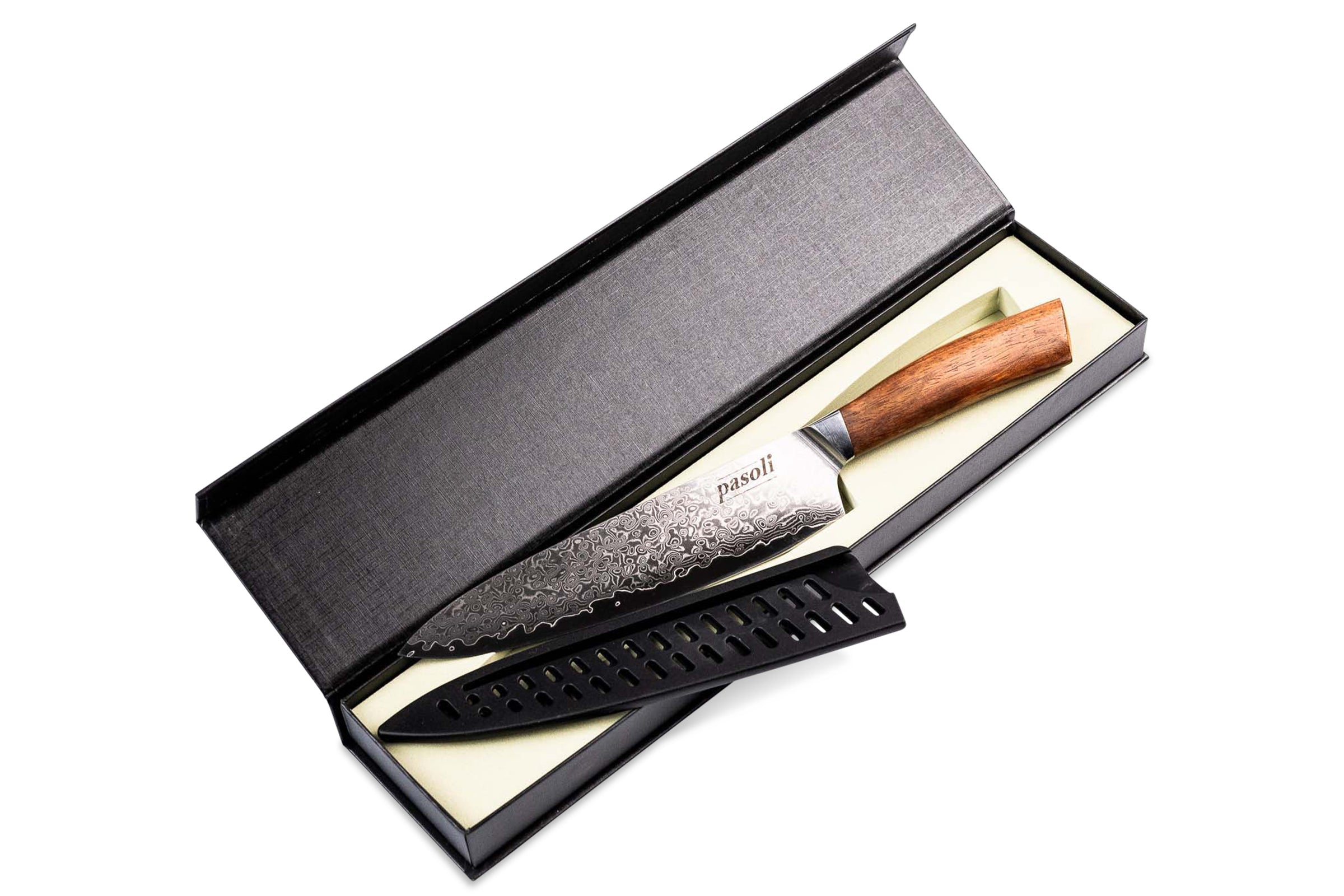 cuchillo de chef pasoli damasco en elegante empaque de regalo que incluye protección para la hoja.