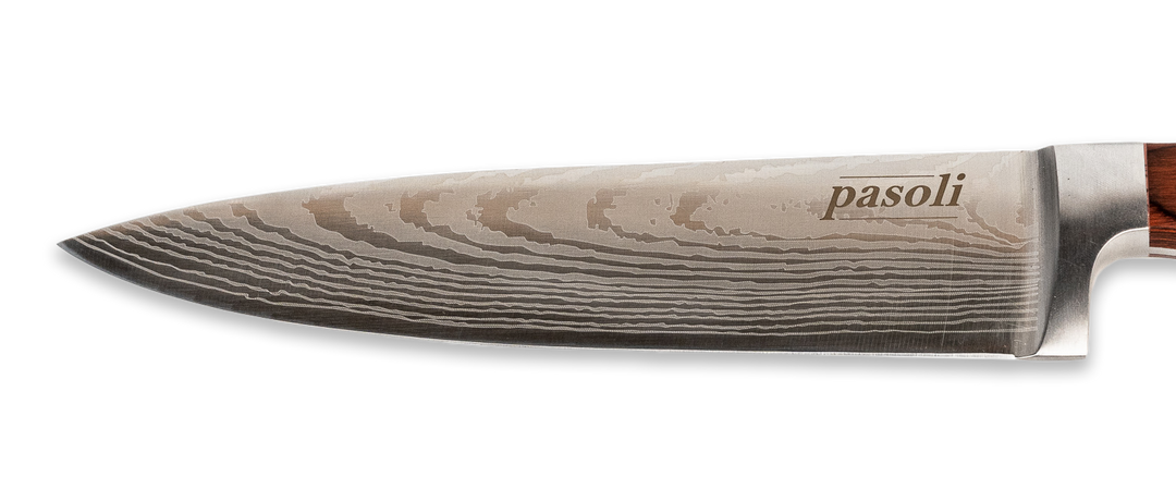 Beautiful grain of the blade of our pasoli chef's knife including the pasoli logo.