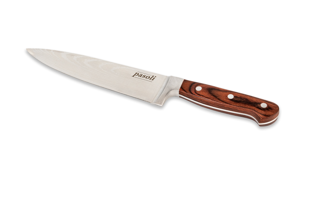 cuchillo de chef pasoli con una hermosa veta en la hoja y un fino mango de madera