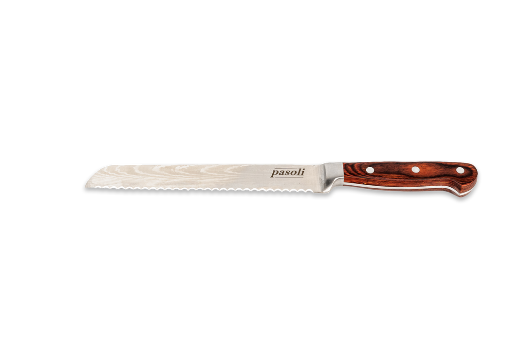 pasoli bread knife with beautiful grain of the blade and noble wooden handle