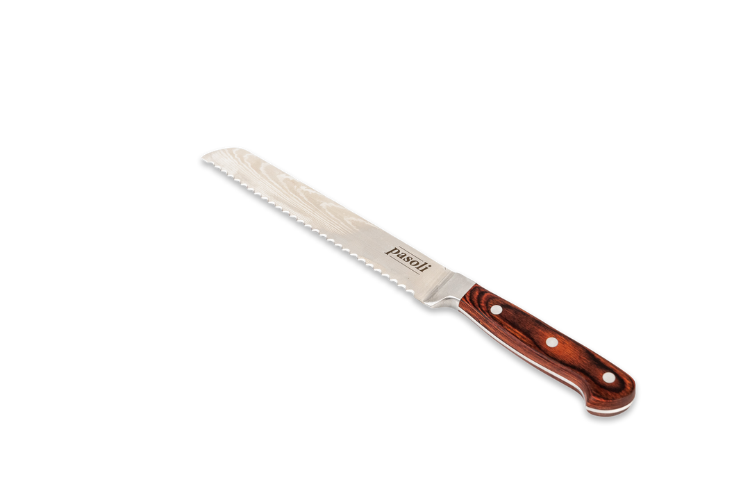 pasoli bread knife with beautiful grain of the blade and noble wooden handle