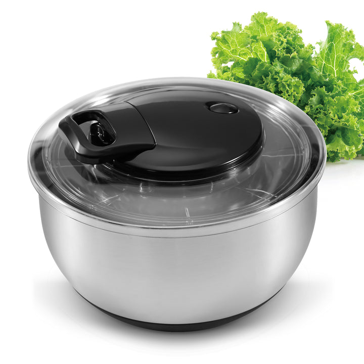 Salatschleuder mit Stopfunktion aus Edelstahl, mit integrierter Mandoline