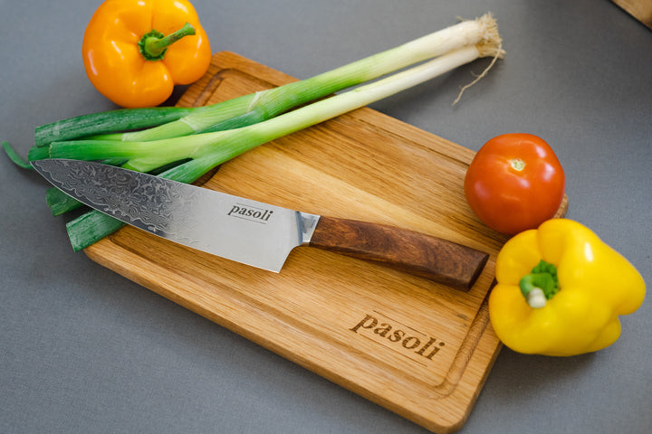 pasoli Set "Shefu" - Damast Chefmesser inkl. Schneidebrett aus Eichenholz