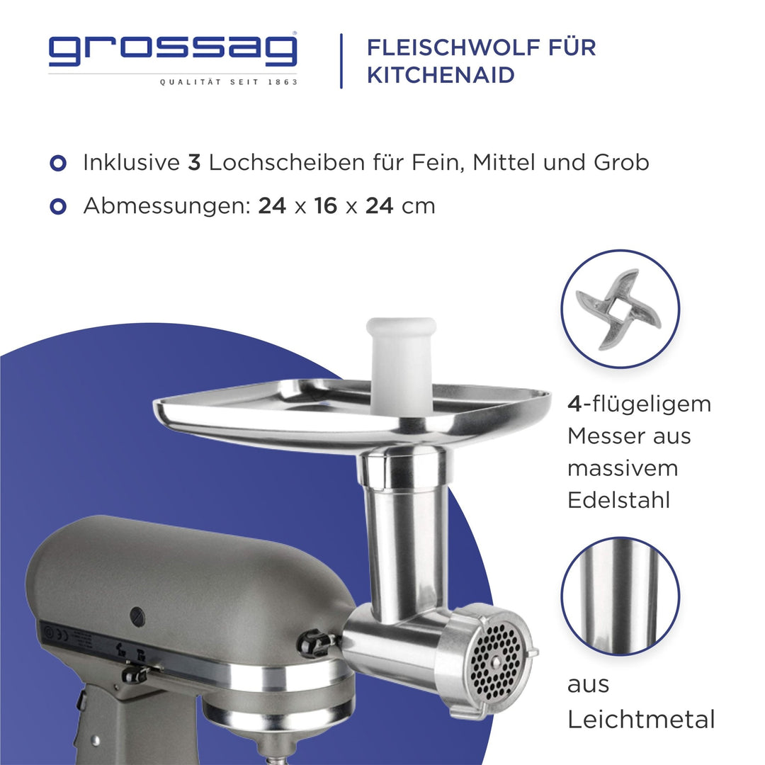 grossag Fleischwolf Vorsatz für KitchenAid® aus Leichtmetall - pasoli GmbH