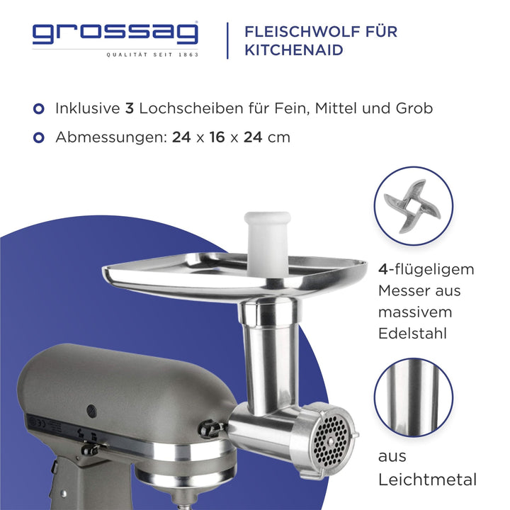 grossag Fleischwolf Vorsatz für KitchenAid® aus Leichtmetall - pasoli GmbH