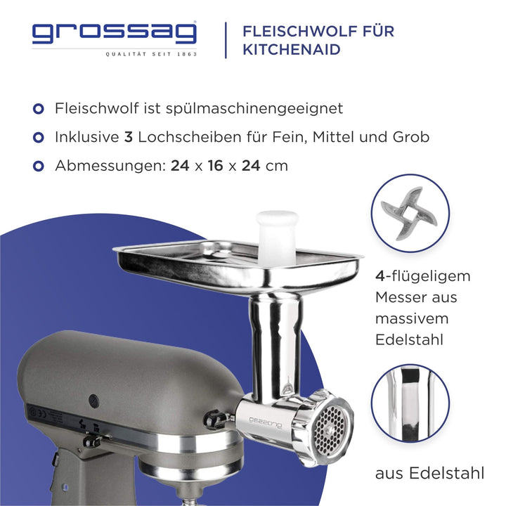 grossag Fleischwolf Vorsatz Küchenmaschine aus Edelstahl - pasoli GmbH