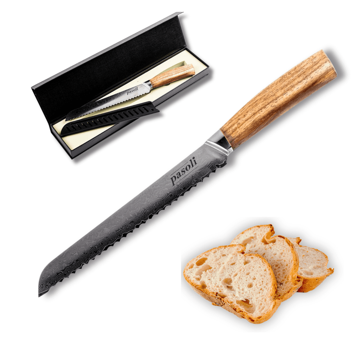 Cuchillo de pan de Damasco pasoli de 20 cm - Acero de Damasco de alta calidad con núcleo VG10 - pasoli GmbH