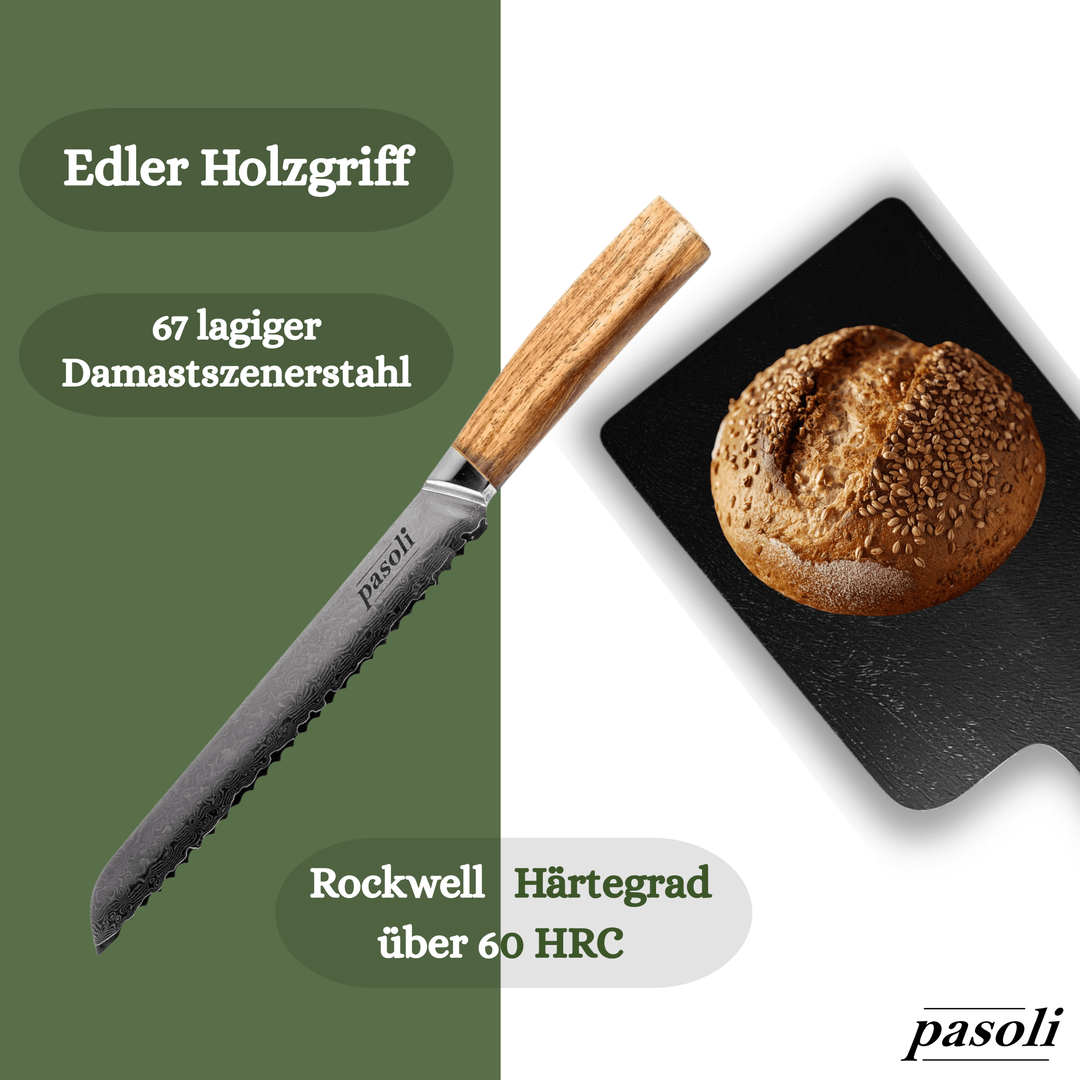 pasoli Damast Brotmesser 20 cm - hochwertiger Damaszenerstahl mit VG10 Kern - pasoli GmbH