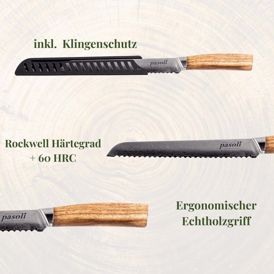 Cuchillo de pan de Damasco pasoli de 20 cm - Acero de Damasco de alta calidad con núcleo VG10 - pasoli GmbH
