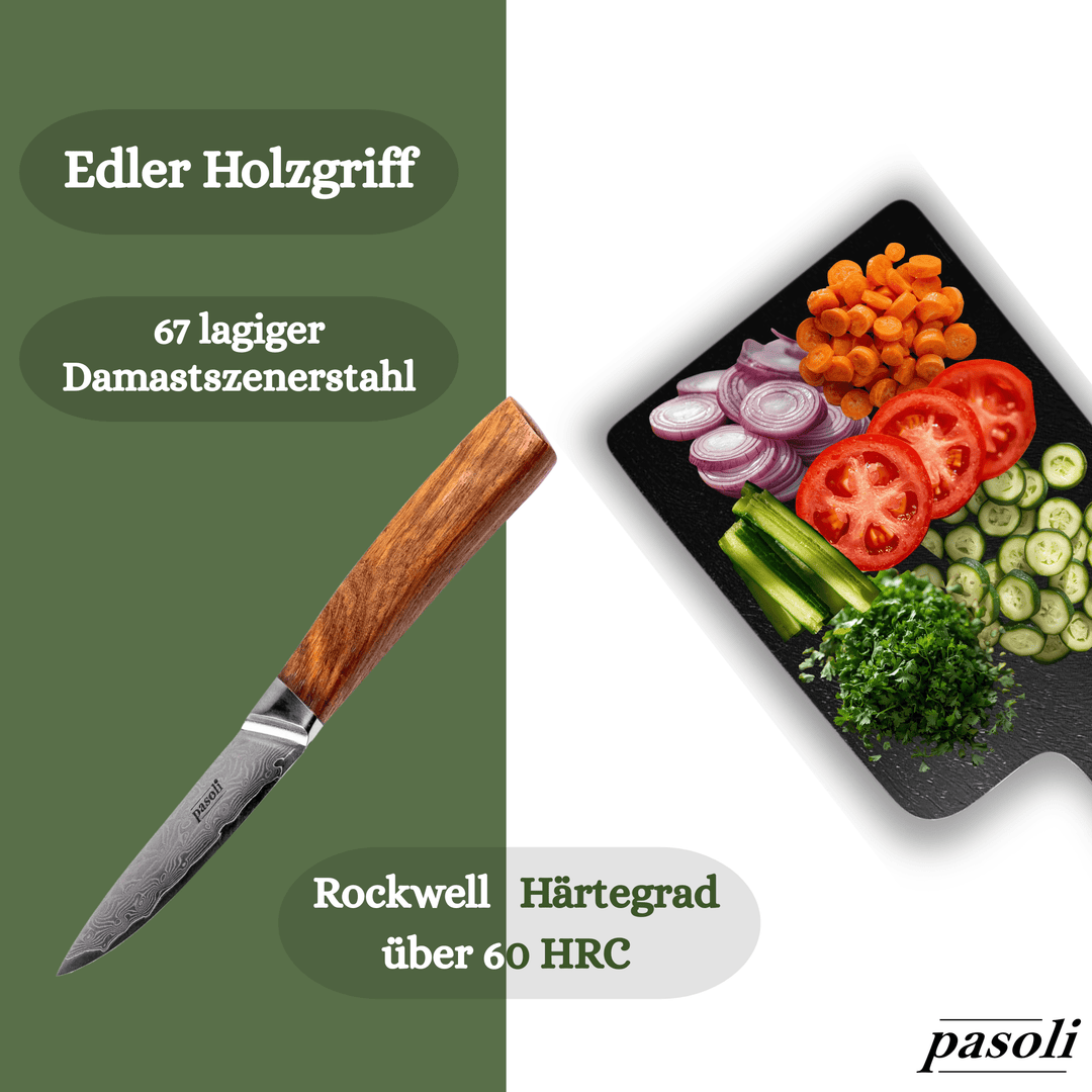 Cuchillo para verduras pasoli Damasco de 9 cm - Acero de Damasco de alta calidad con núcleo VG10 - pasoli GmbH