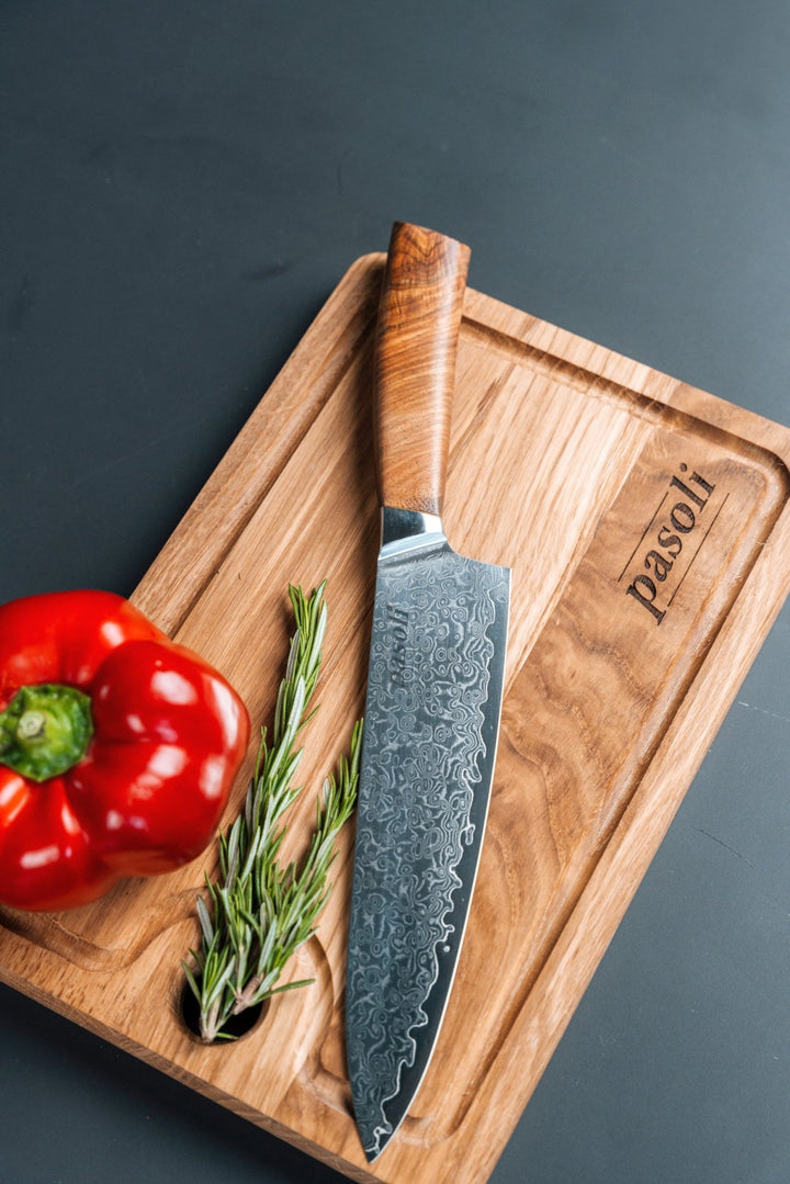 pasoli Set "Shefu" - Damast Chefmesser inkl. Schneidebrett aus Eichenholz - pasoli GmbH