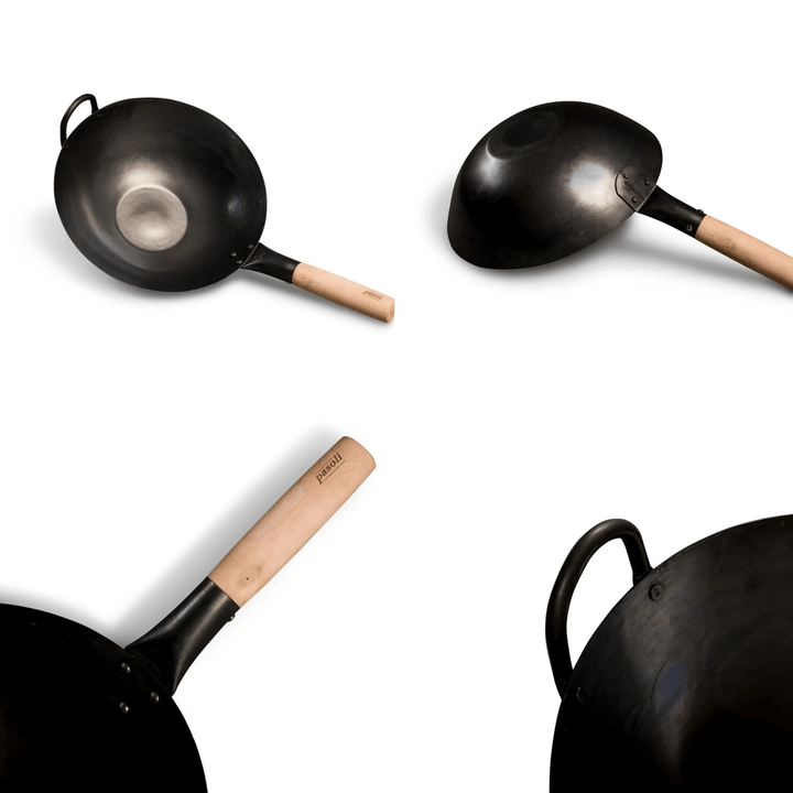pasoli Wok flach eingebrannt - Carbonstahl Wok für alle Herdarten - pasoli GmbH
