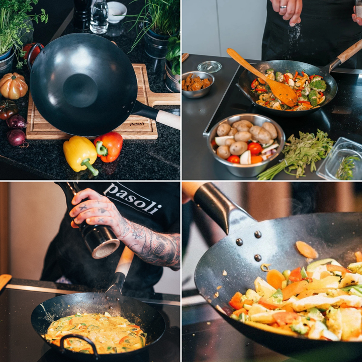 pasoli Wok flach eingebrannt - Carbonstahl Wok für alle Herdarten - pasoli GmbH