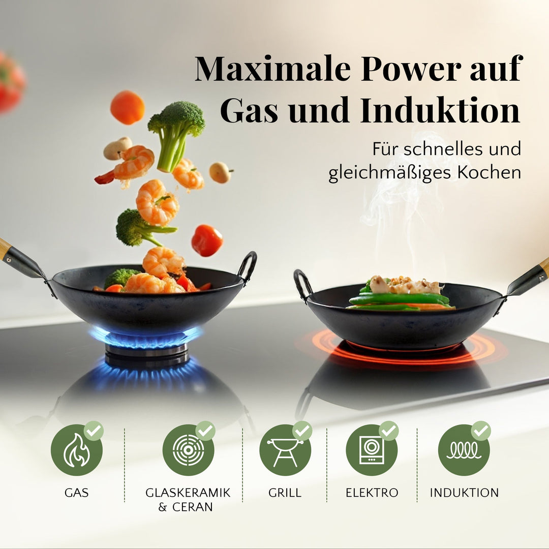 pasoli Wok flach eingebrannt - Carbonstahl Wok für alle Herdarten - pasoli GmbH