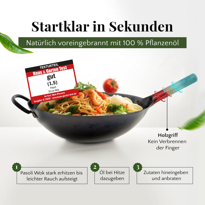 pasoli Wok flach eingebrannt - Carbonstahl Wok für alle Herdarten - pasoli GmbH