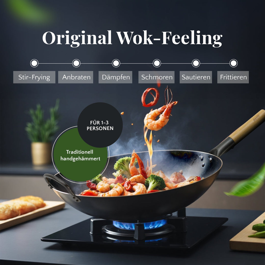 pasoli Wok flach eingebrannt - Carbonstahl Wok für alle Herdarten - pasoli GmbH