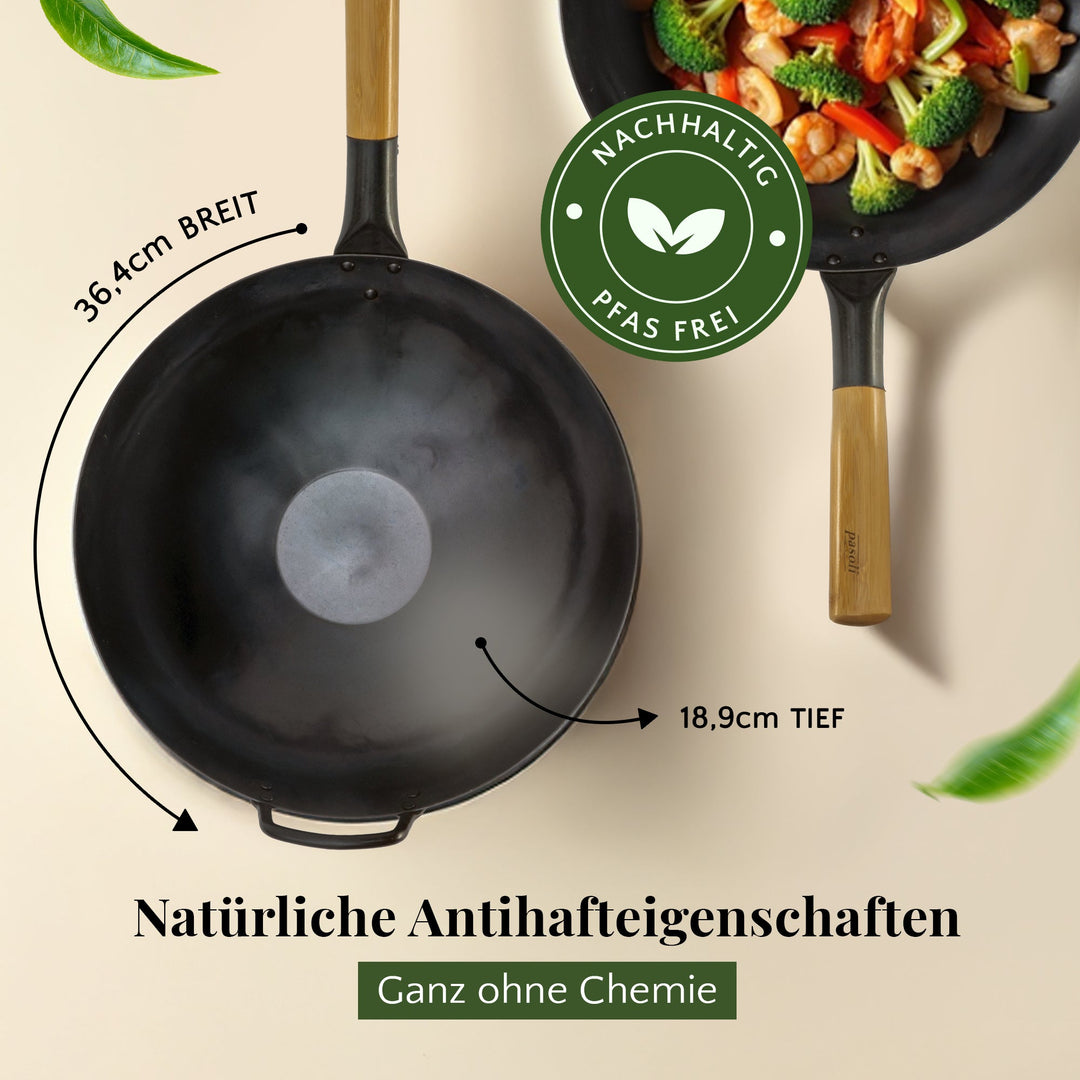 pasoli Wok flach eingebrannt - Carbonstahl Wok für alle Herdarten - pasoli GmbH