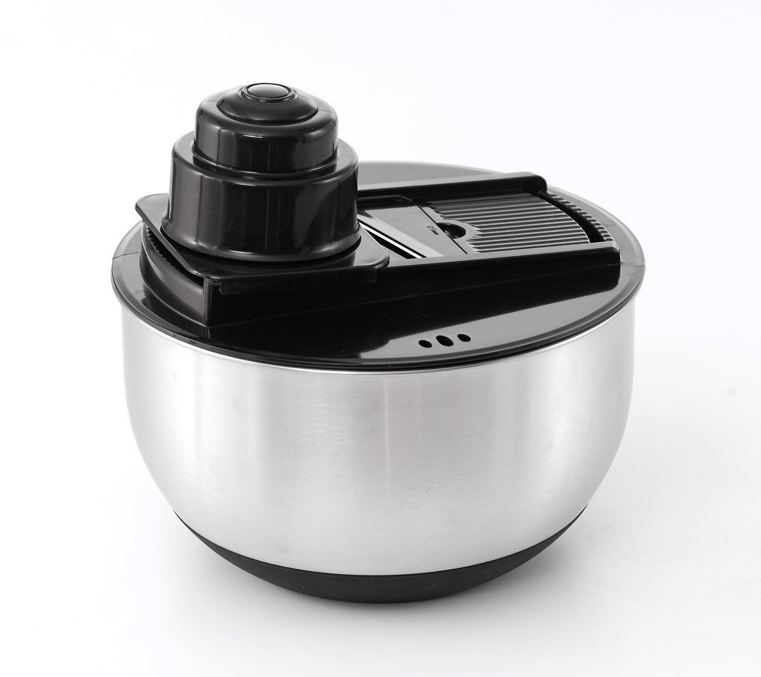 Salatschleuder mit Stopfunktion aus Edelstahl, mit integrierter Mandoline - pasoli GmbH