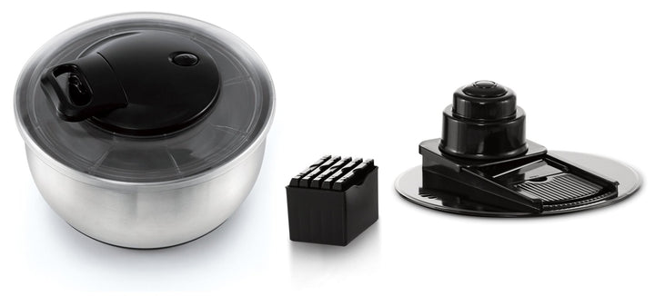 Salatschleuder mit Stopfunktion aus Edelstahl, mit integrierter Mandoline - pasoli GmbH