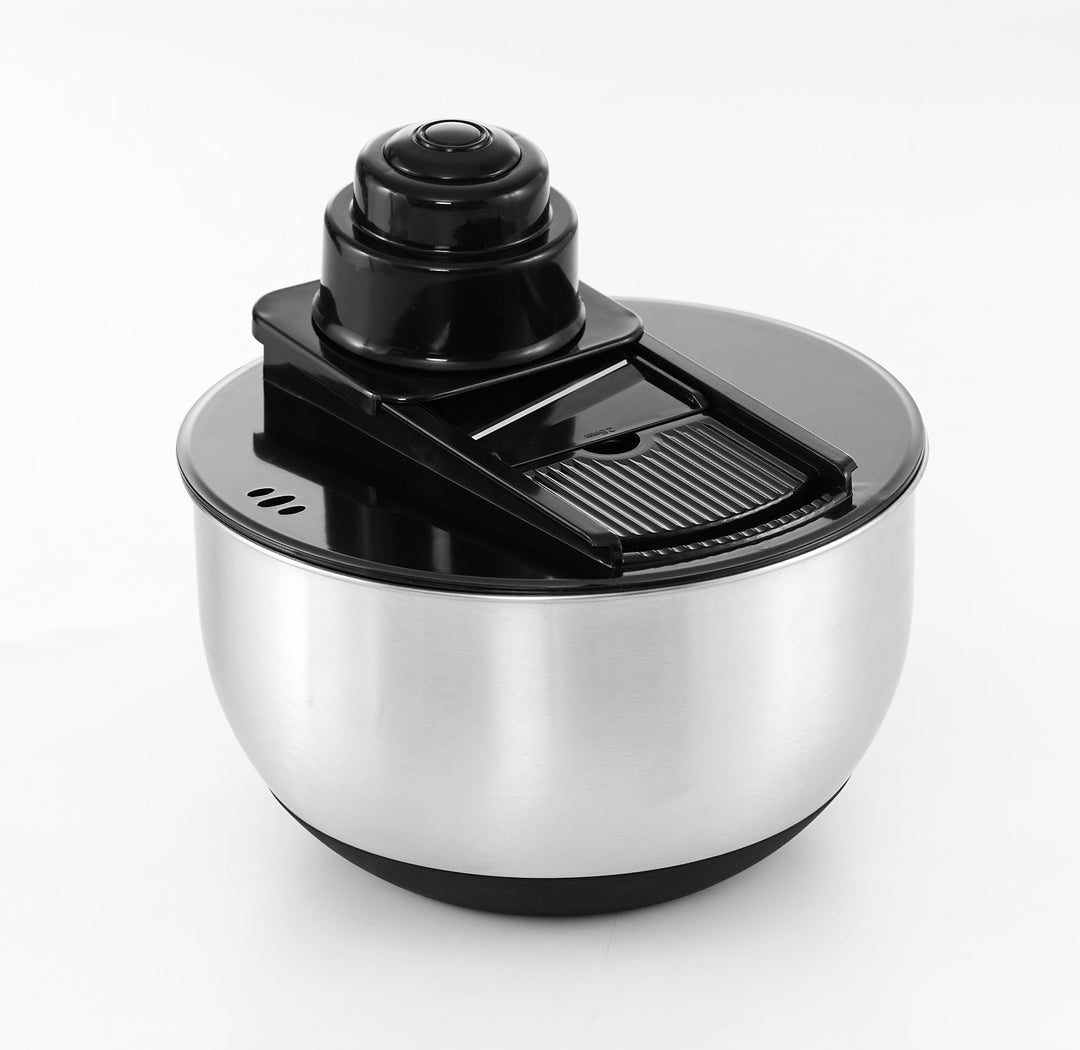 Salatschleuder mit Stopfunktion aus Edelstahl, mit integrierter Mandoline - pasoli GmbH