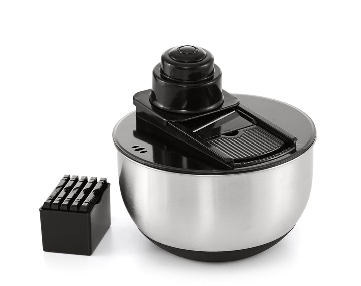 Salatschleuder mit Stopfunktion aus Edelstahl, mit integrierter Mandoline - pasoli GmbH