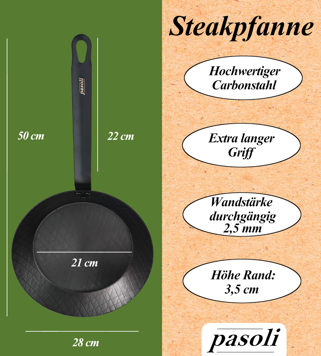 Unsere pasoli Steak Pfanne aus Carbonstahl, 28cm